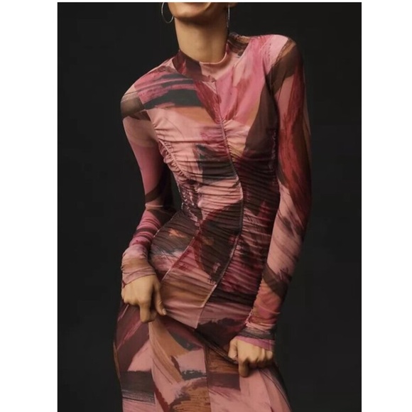 Anthropologie Long-Sleeve Printed Mesh Midi Dress Size Small - Picture 8 of 14